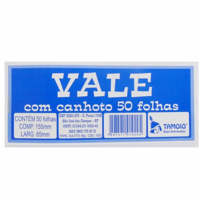 Vale Com Canhoto 20 Bls 50 Folhas 1920919205 Tamoio 8456